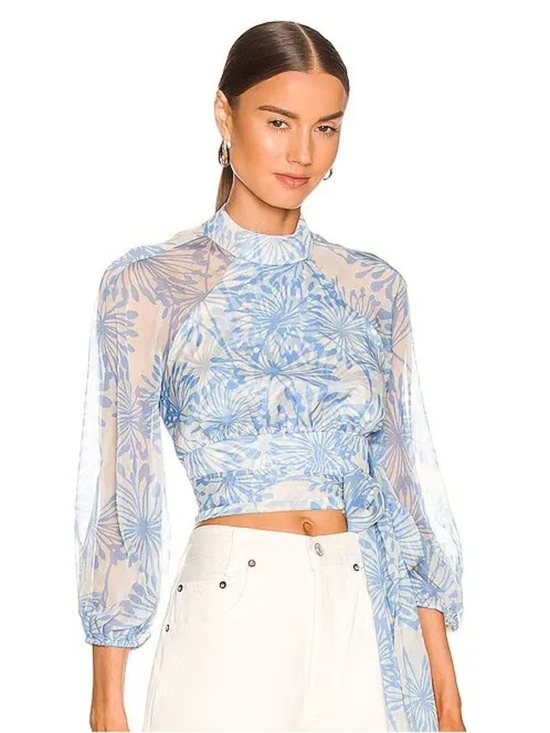 Amanda Uprichard Tops - Amanda Uprichard Light Blue Floral Sheer Tie-Waist Crop Top Size S